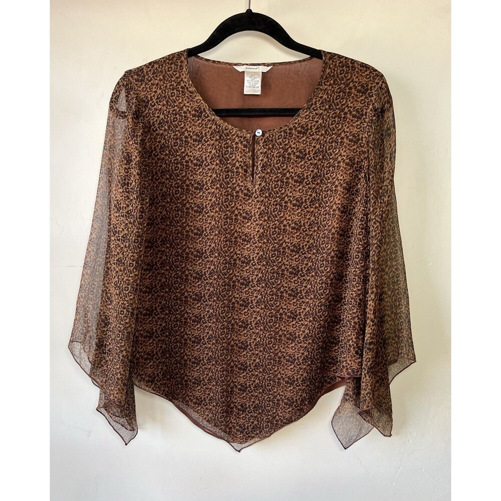 Vintage Edward Sheer Leopard Print Chiffon Silk Button Blouse Brown Black Small